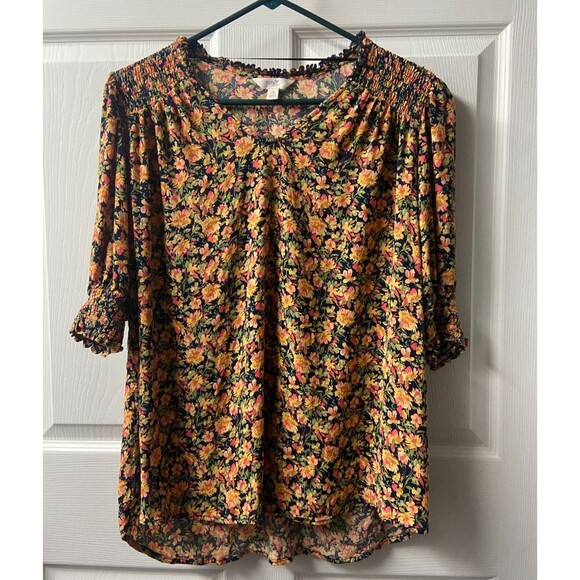 Terra & Sky Top Womens OX Floral Short Sleeved Boho Peasant Blouse Round Neck - Picture 1 of 8